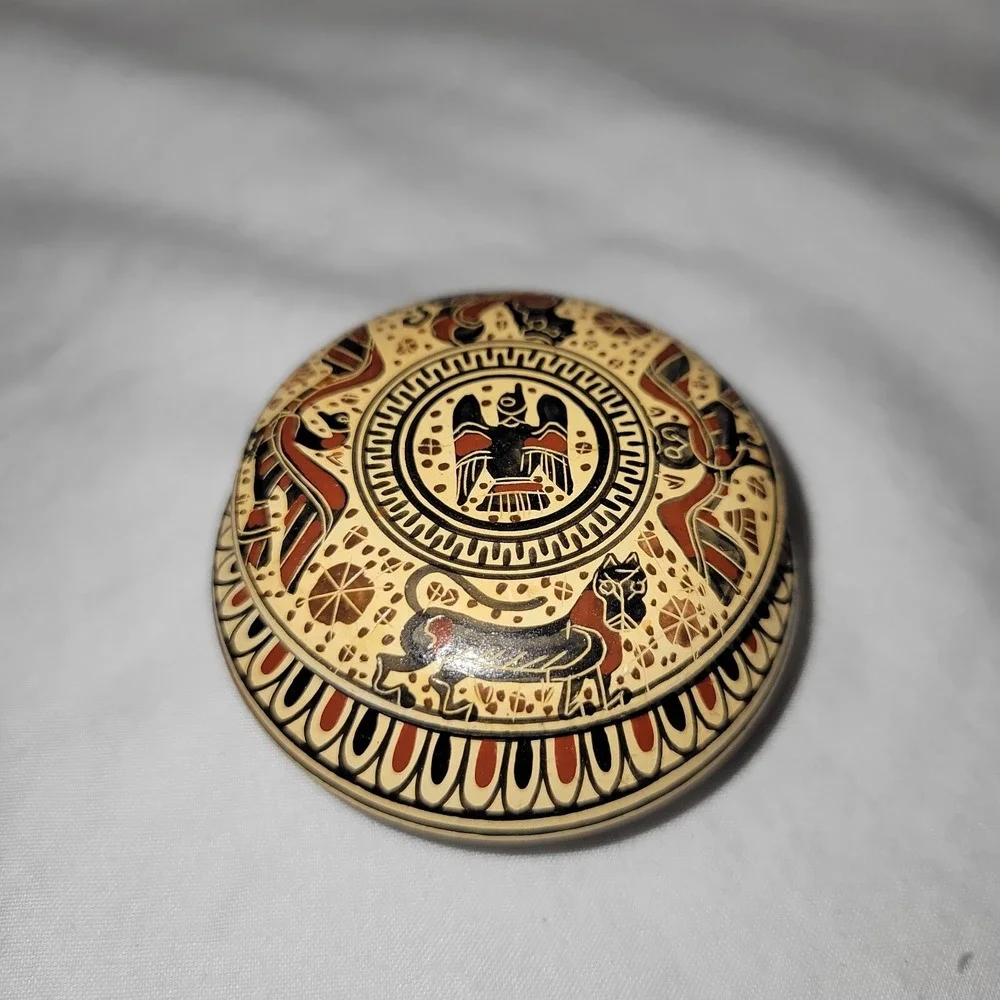 Trinket Box Made In Corinth Small Round Terra Cotta Animals Lidded Painted